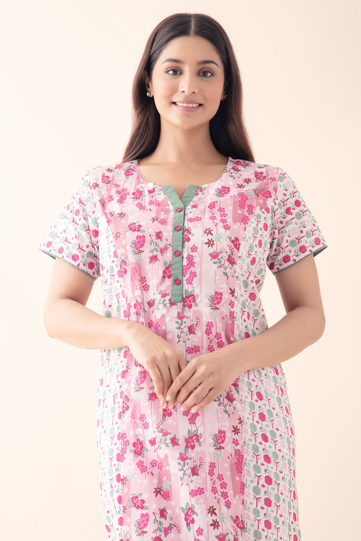 Floral & Geometric Printed Pastel Nighty - Light Pink