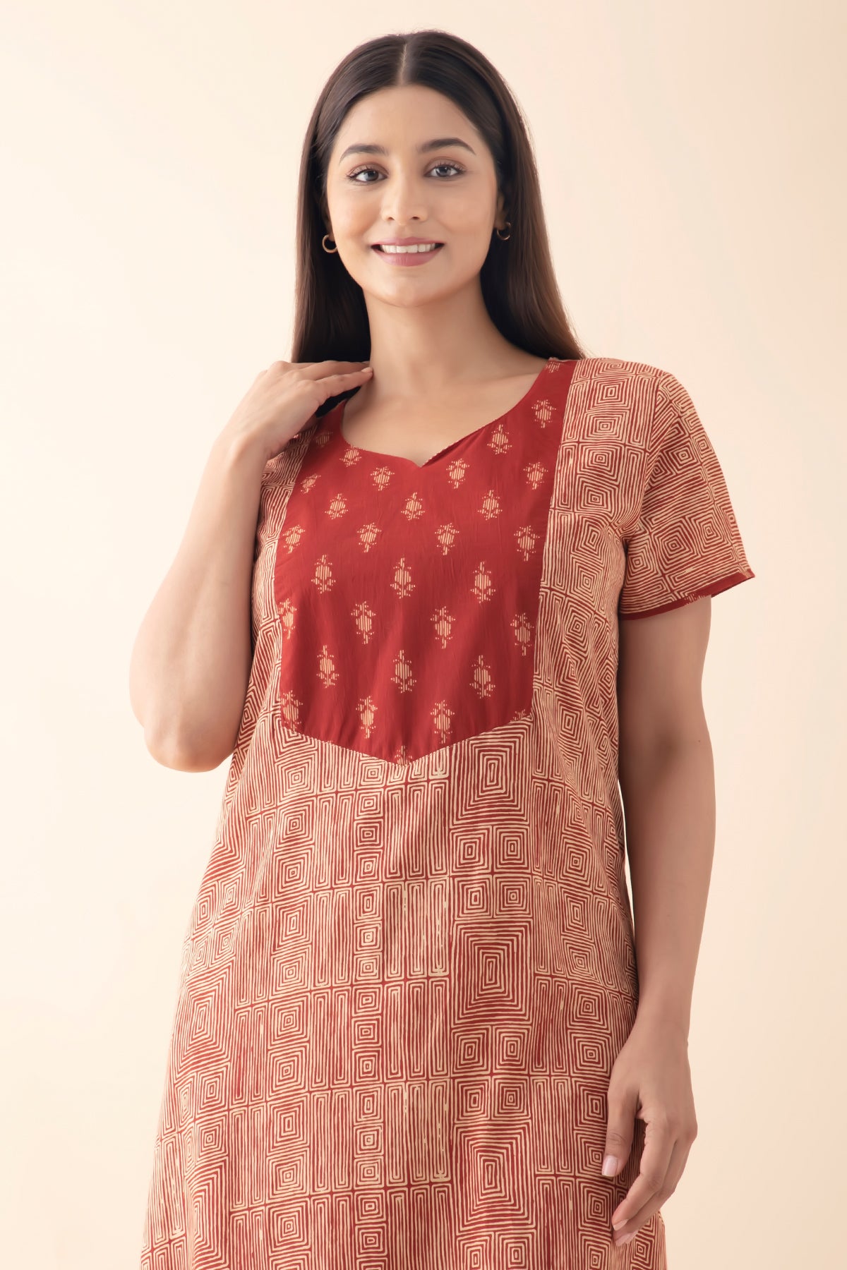 Abstract Printed Cotton Nighty - Rust