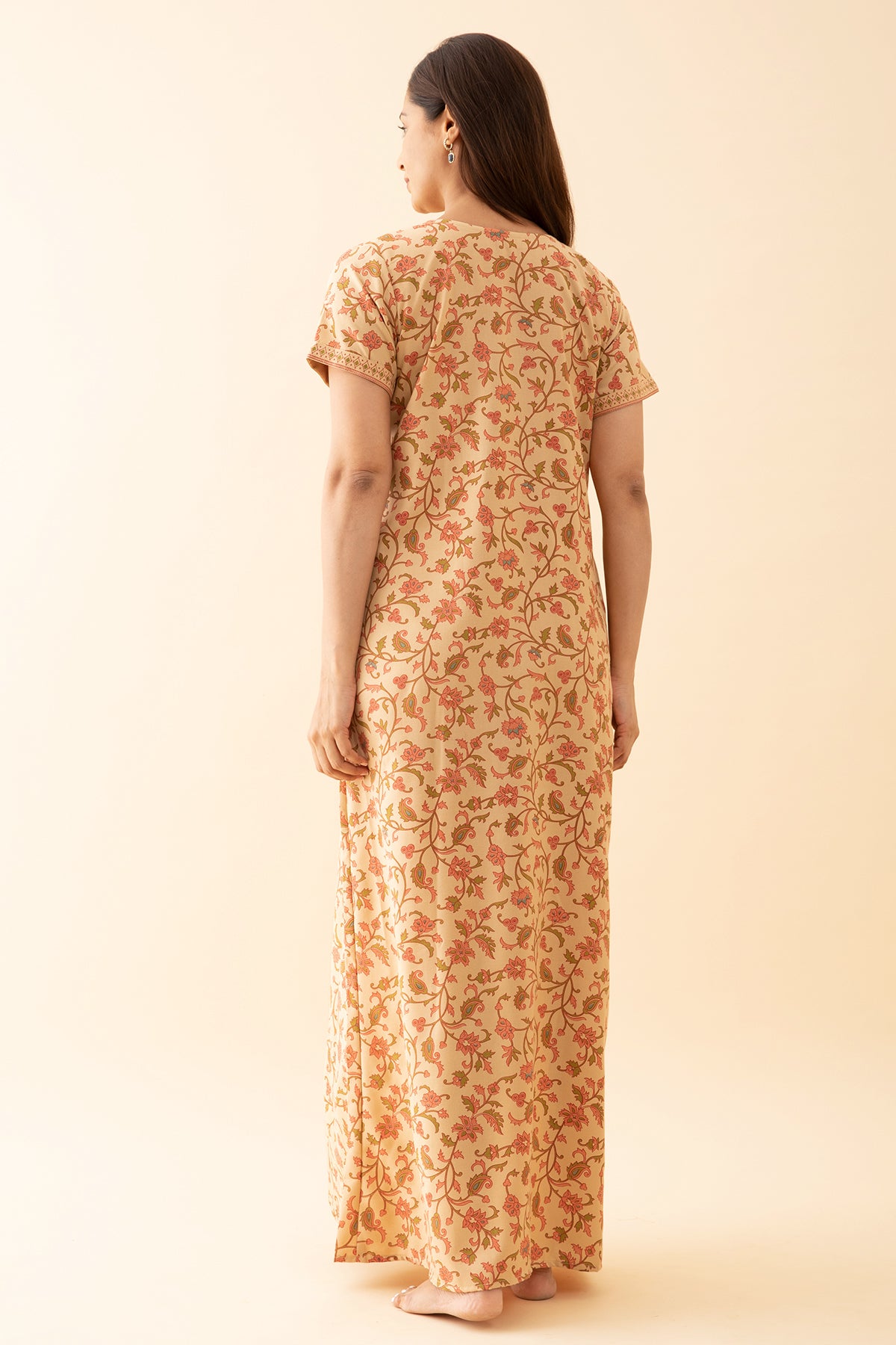 All Over Floral Printed Nighty With Geometric Motif Yoke Beige