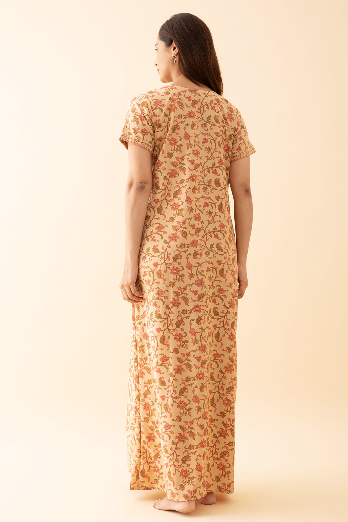 All Over Floral Printed Nighty With Geometric Motif Yoke - Beige
