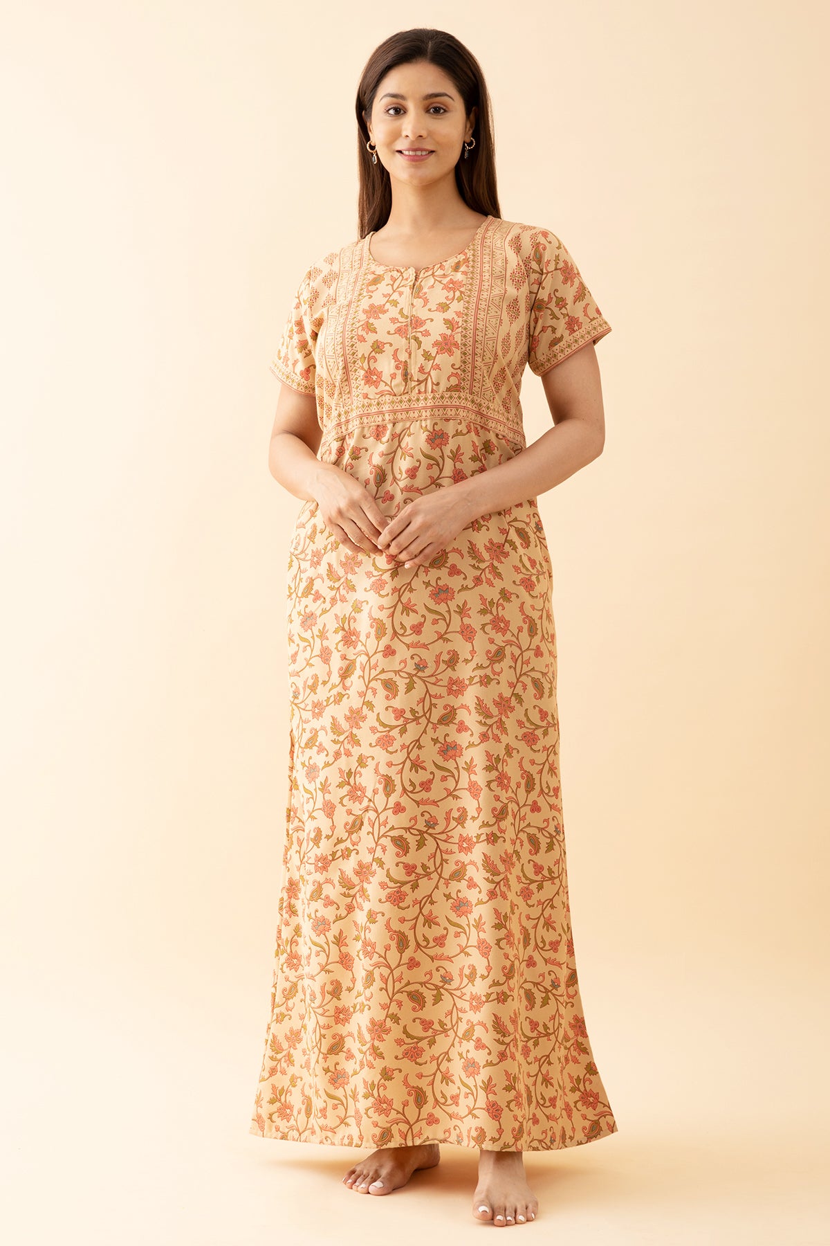 All Over Floral Printed Nighty With Geometric Motif Yoke - Beige