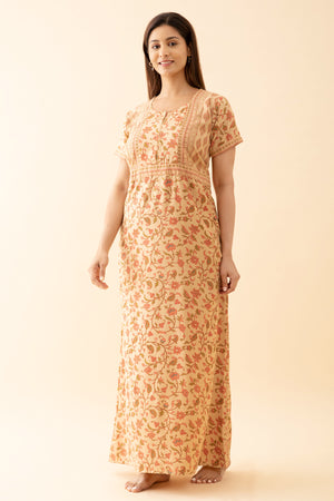 All Over Floral Printed Nighty With Geometric Motif Yoke Beige