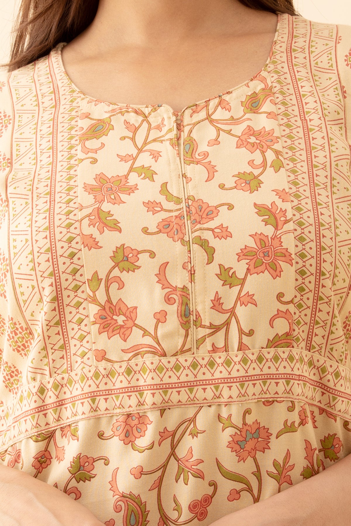 All Over Floral Printed Nighty With Geometric Motif Yoke Beige