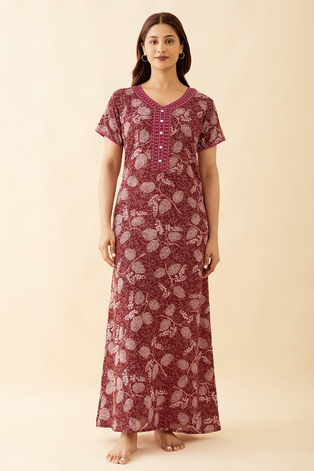 Allover Floral Printed With Geometric Embroidered Yoke Nighty - Maroon