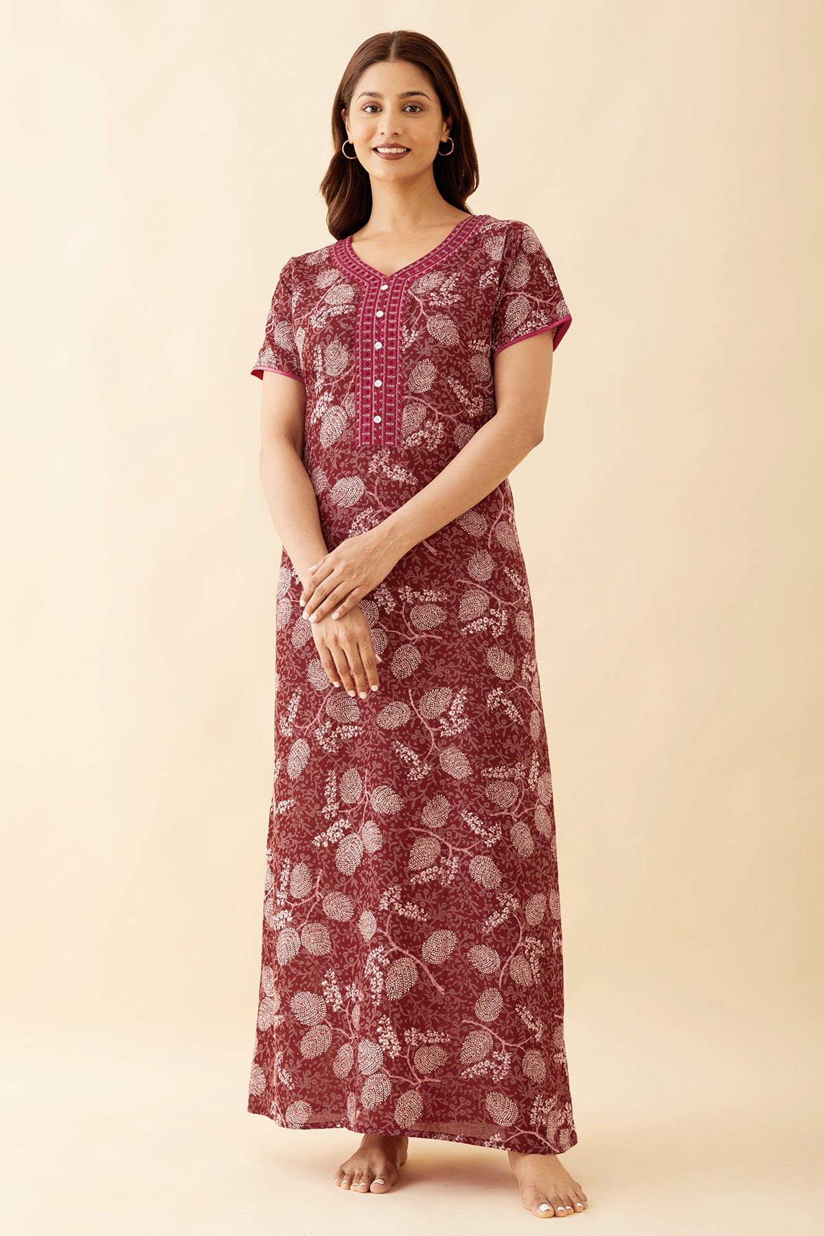 Allover Floral Printed With Geometric Embroidered Yoke Nighty - Maroon