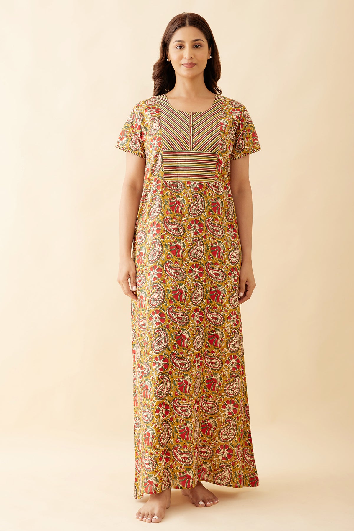 Allover Paisley Kalamkari Printed Nighty - Mustard