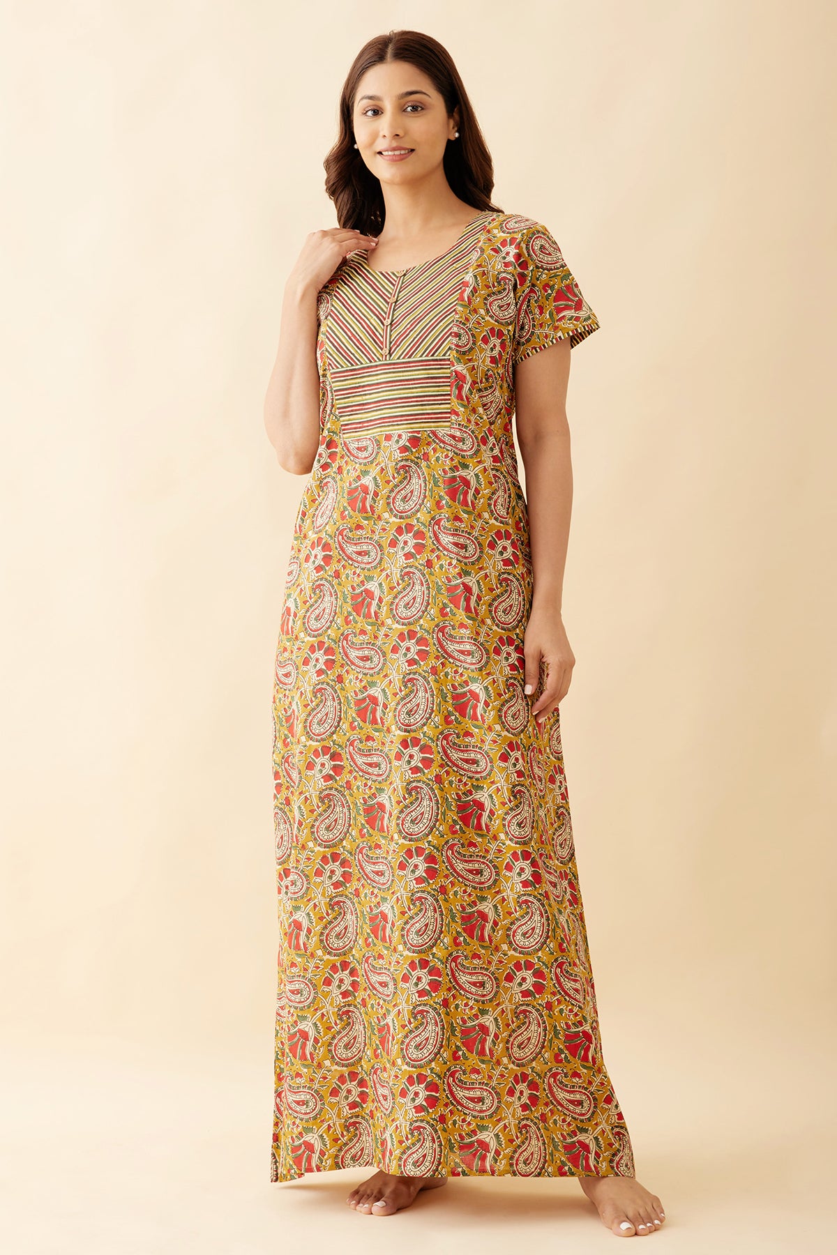 Allover Paisley Kalamkari Printed Nighty - Mustard