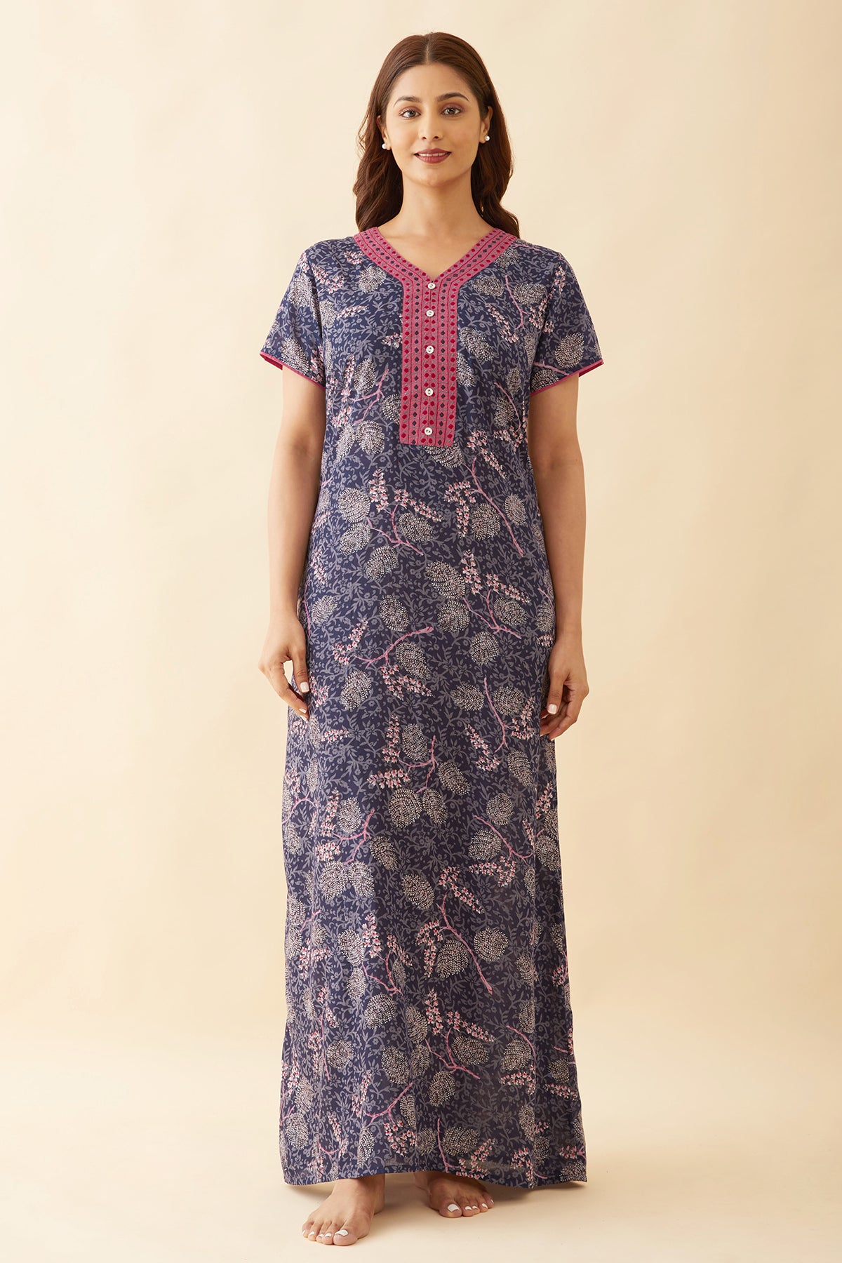 Allover Floral Printed With Geometric Embroidered Yoke Nighty - Navy