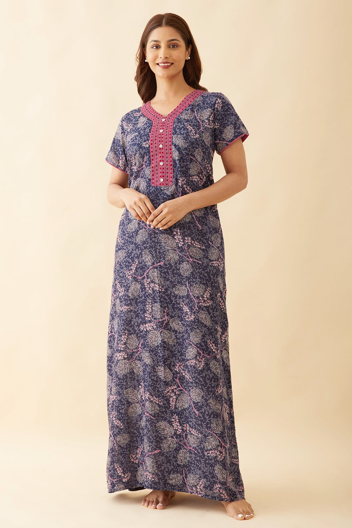 Allover Floral Printed With Geometric Embroidered Yoke Nighty - Navy