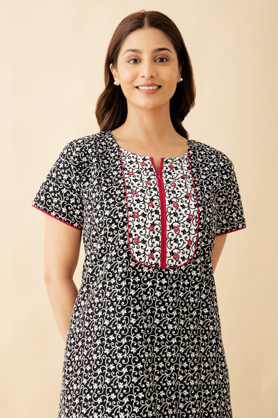 Allover Floral Printed & Embroidered With Foil Mirror Embellished Yoke Nighty - Black