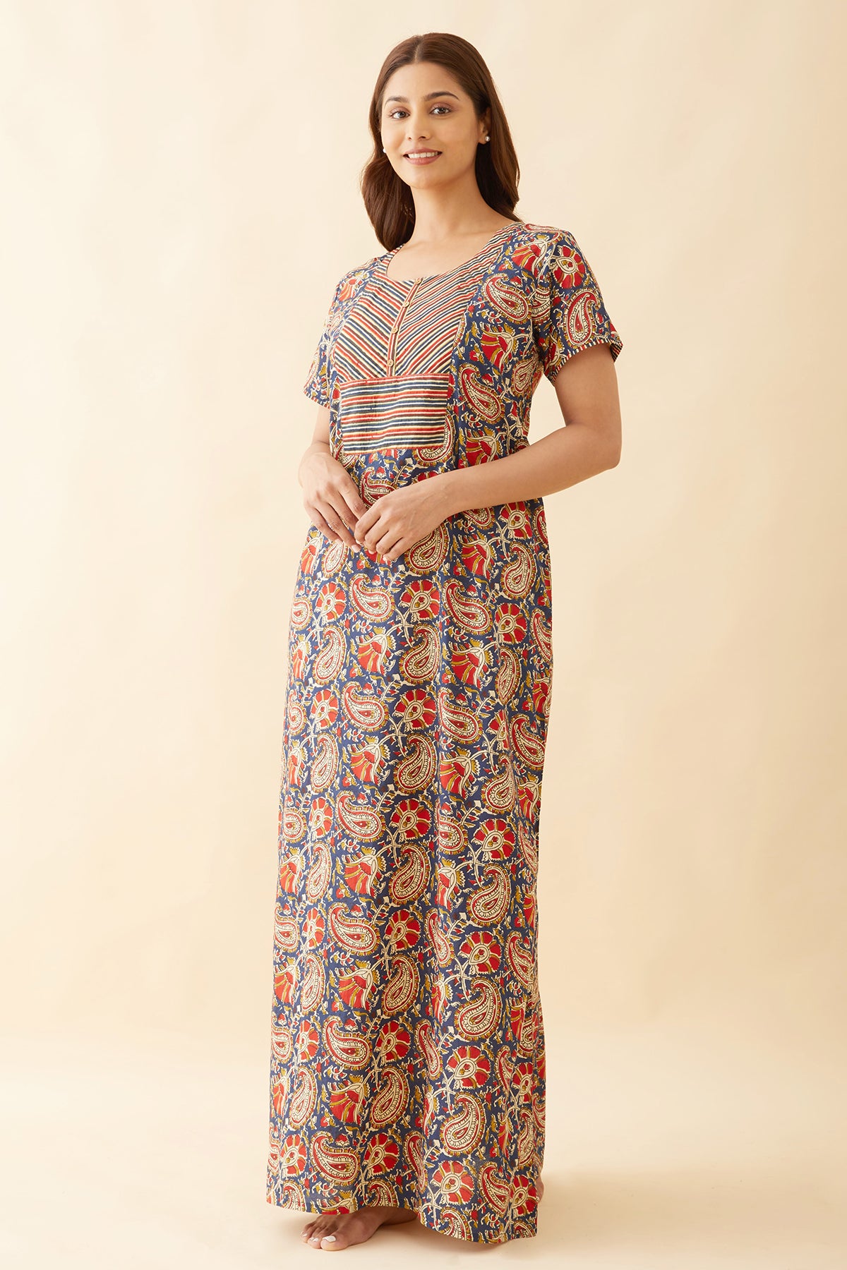 Allover Paisley Kalamkari Printed Nighty - Blue