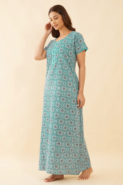 Allover Paisley Printed With Floral Embroidered Yoke Nighty - Blue
