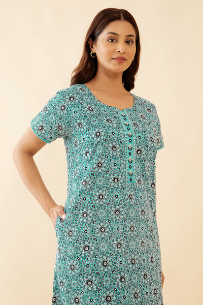 Allover Paisley Printed With Floral Embroidered Yoke Nighty - Blue