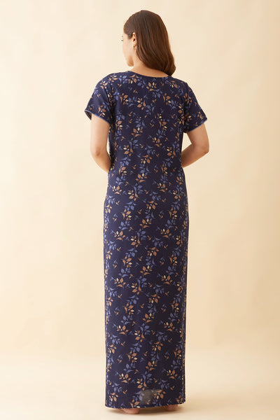 AllOver Leaf Printed With Embroidered Yoke - Blue