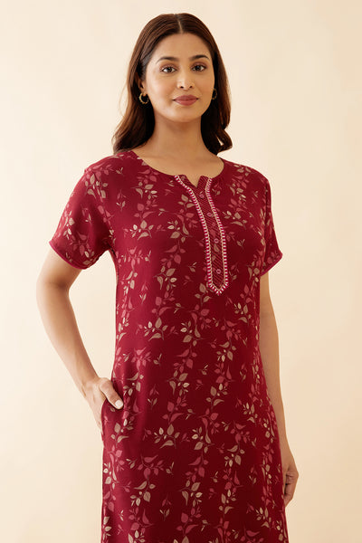 AllOver Leaf Printed With Embroidered Yoke - Maroon