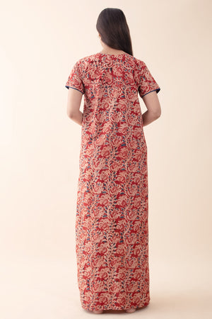 Kalamkari Printed & Embroidered Nighty - Red