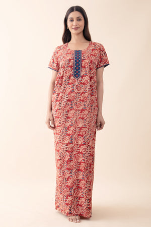 Kalamkari Printed & Embroidered Nighty - Red