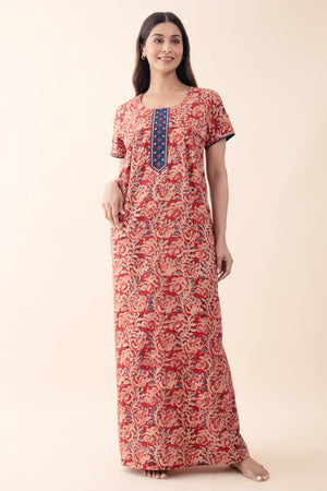 Kalamkari Printed & Embroidered Nighty - Red