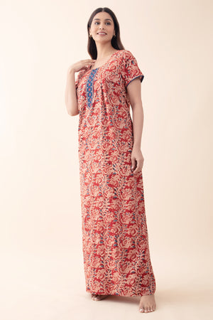 Kalamkari Printed & Embroidered Nighty - Red