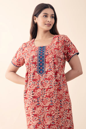 Kalamkari Printed & Embroidered Nighty - Red