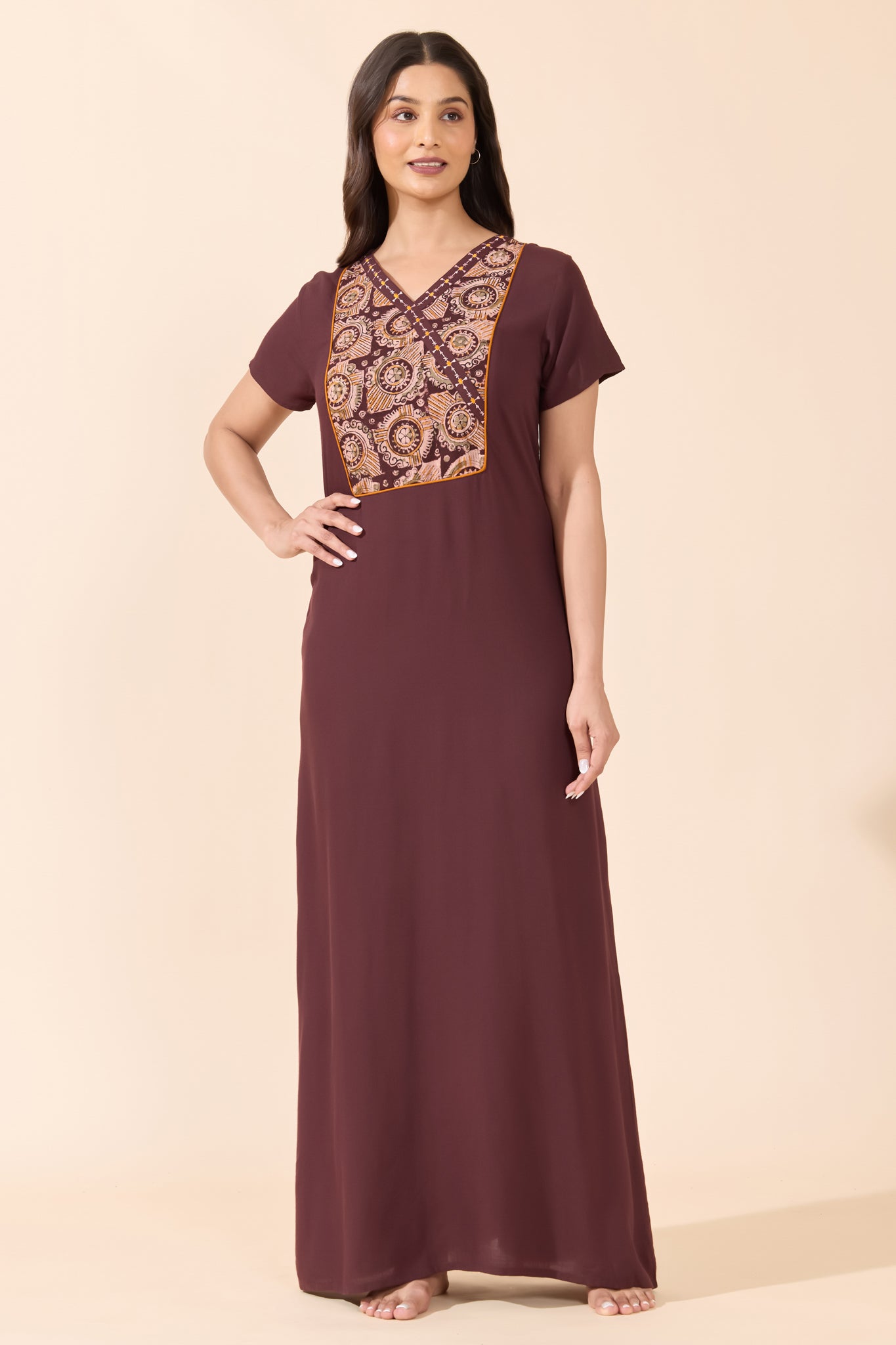 Brown Cotton Kalamkari Nightwear