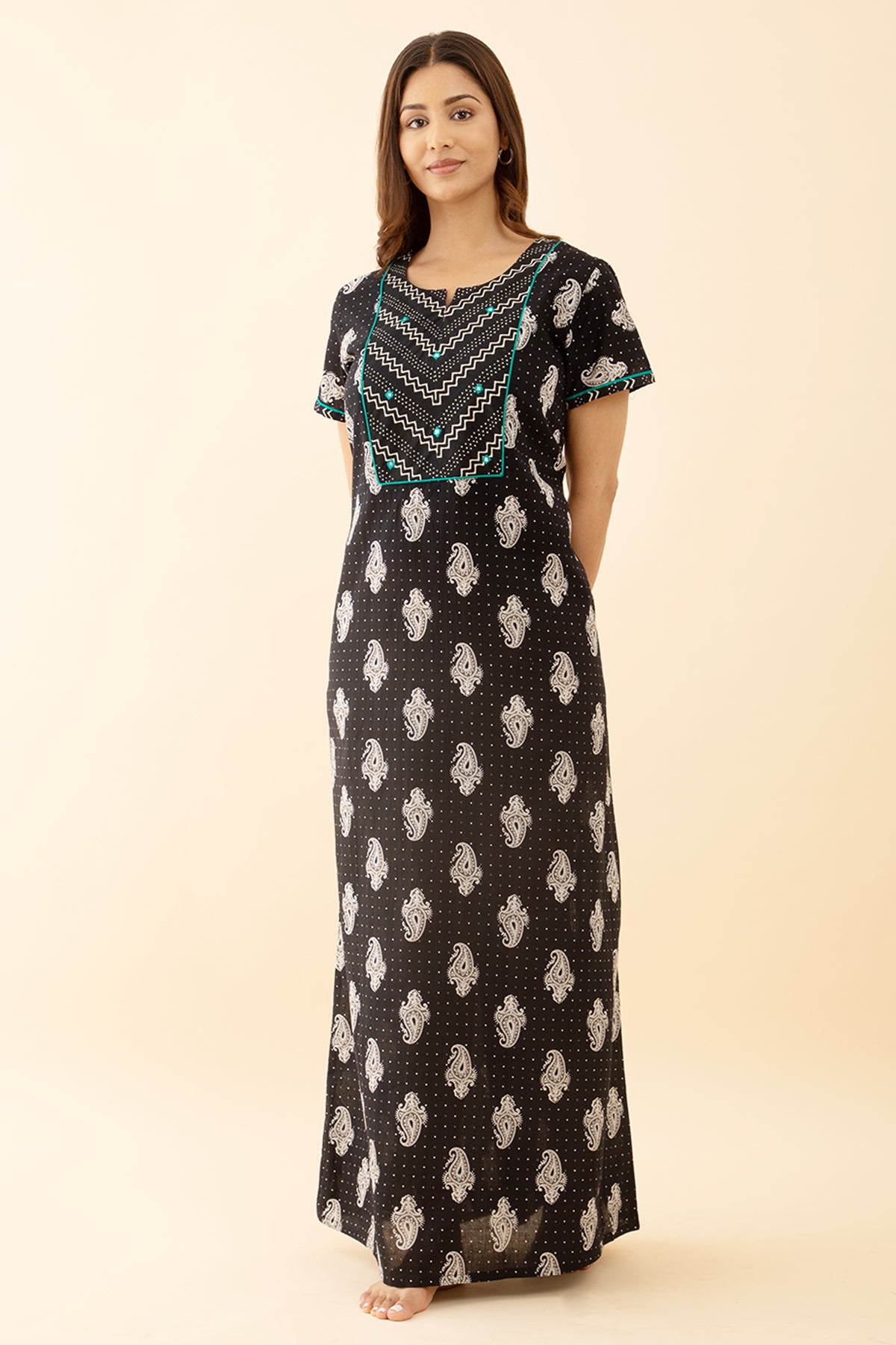 Black Printed Embroidered Nighty Stylish Mirror Paisley Design