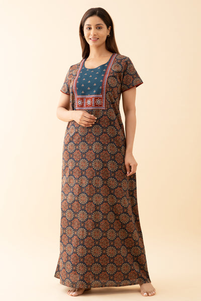 Ajrakh Printed Nighty with Contrast Embroidered Yoke - Blue