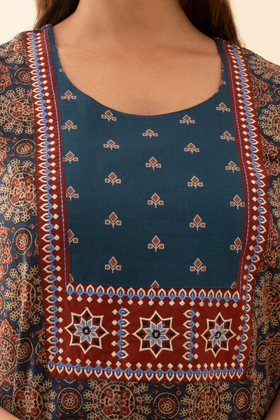Ajrakh Printed Nighty with Contrast Embroidered Yoke Blue