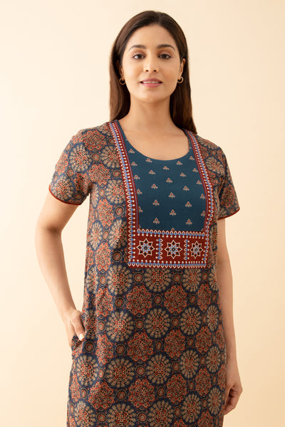 Ajrakh Printed Nighty with Contrast Embroidered Yoke Blue