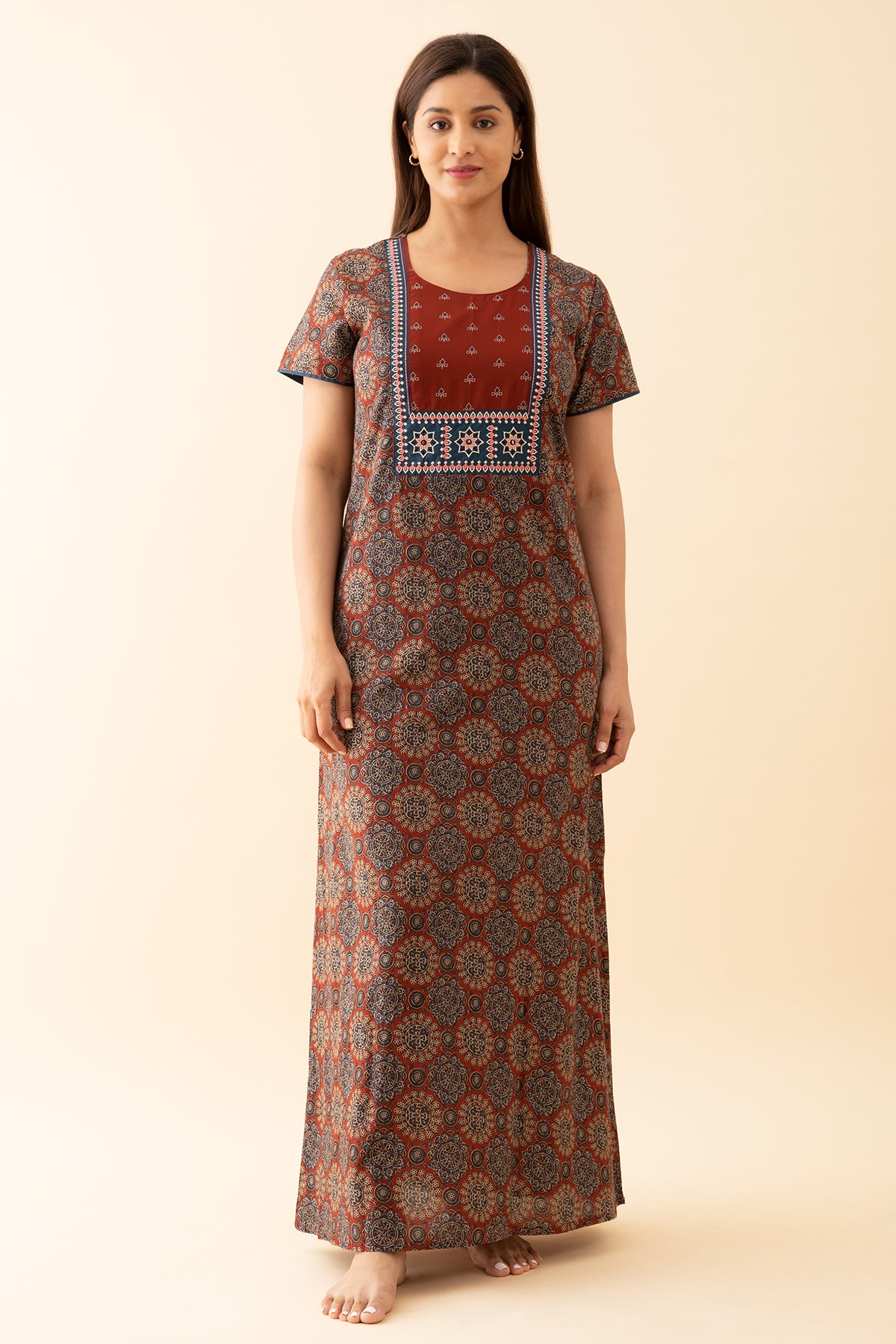 Ajrakh Printed Nighty with Contrast Embroidered Yoke - Red