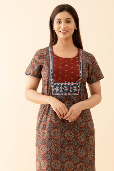 Ajrakh Printed Nighty with Contrast Embroidered Yoke - Red