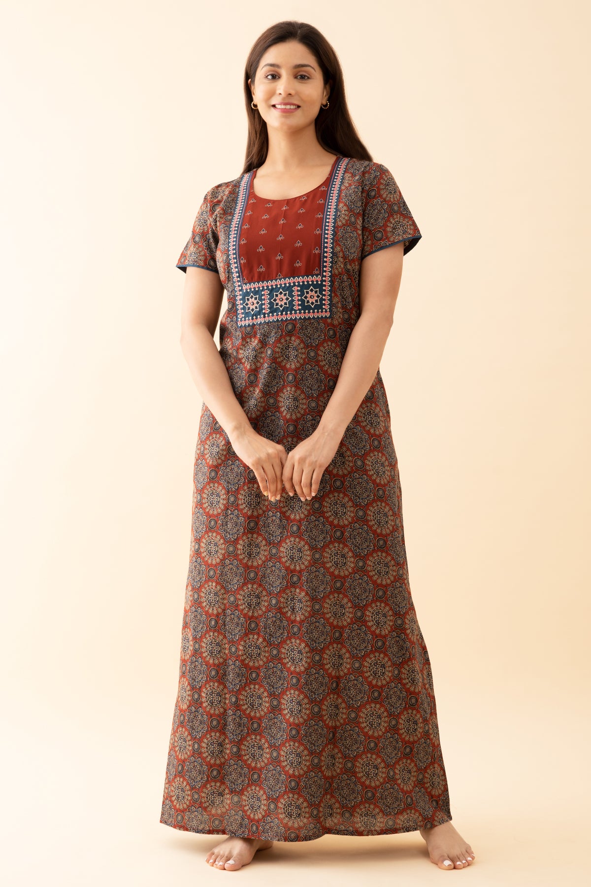 Ajrakh Printed Nighty with Contrast Embroidered Yoke - Red