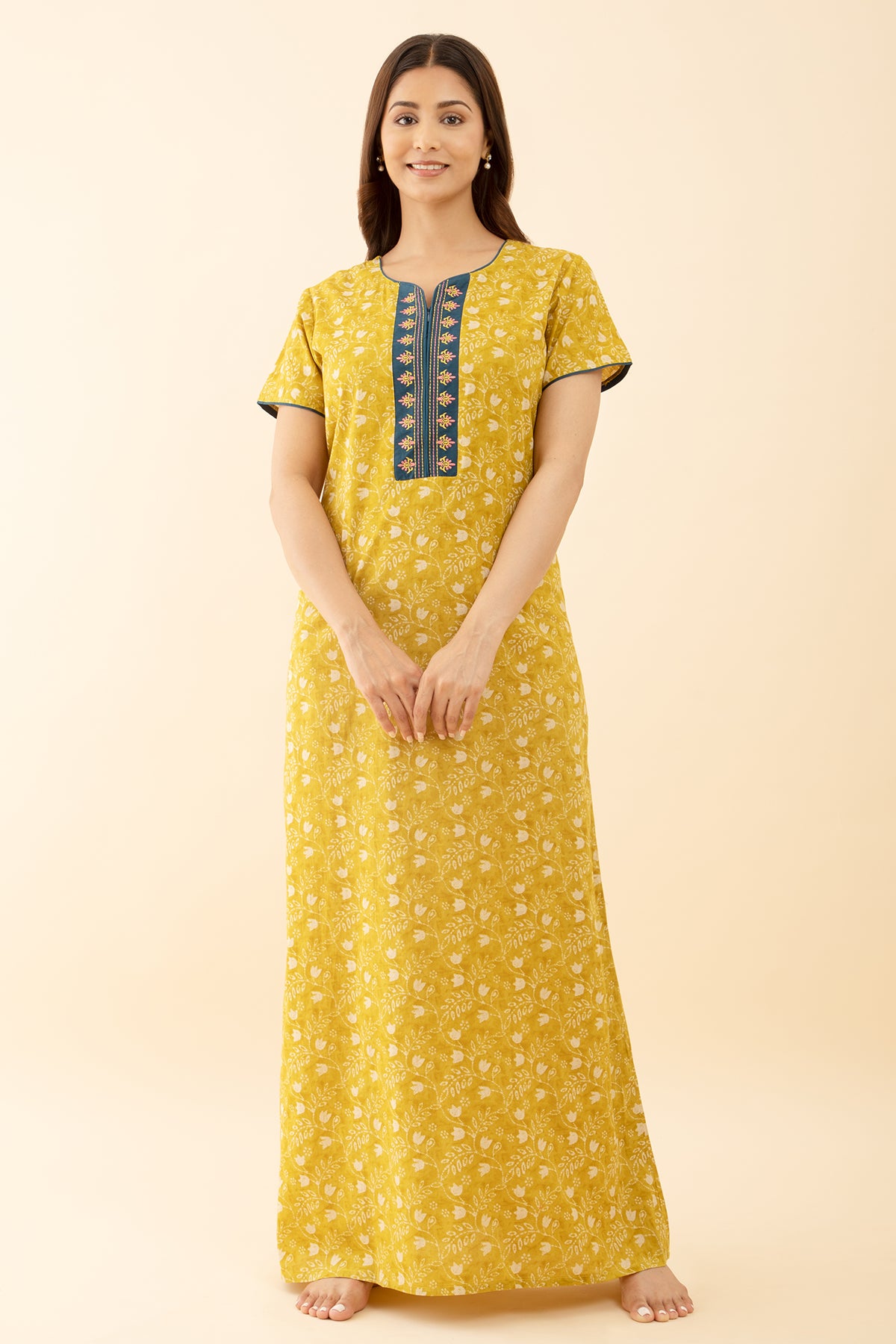 Floral Embroidered Nighty Yellow