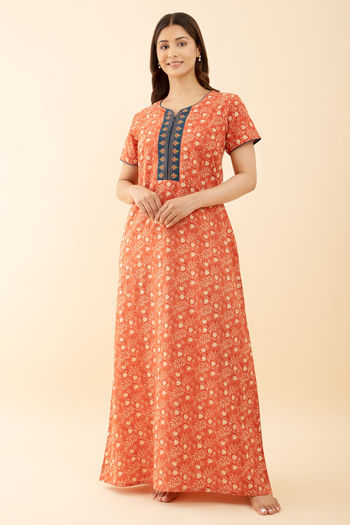 Floral Printed Style Peach Color Nighty