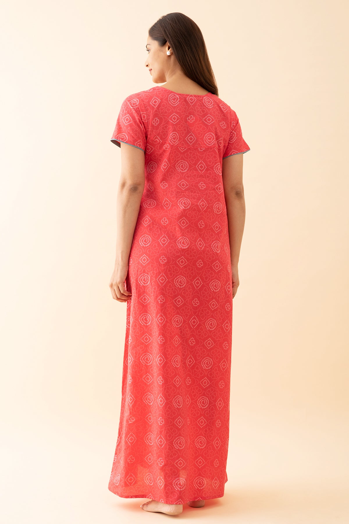 Bandhani Printed Nighty with Contrast Embroidered Yoke Pink
