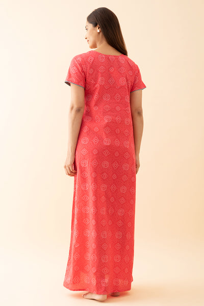 Bandhani Printed Nighty with Contrast Embroidered Yoke - Pink