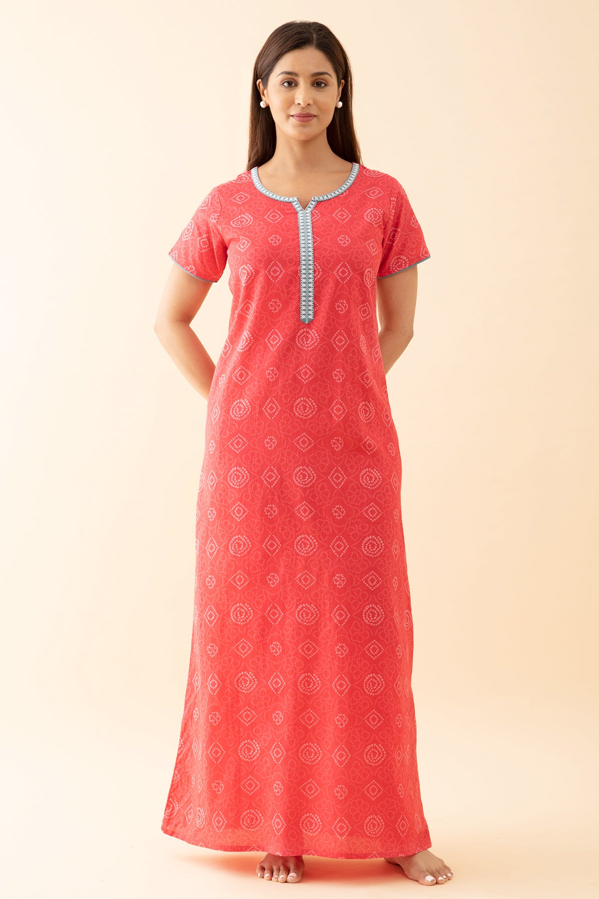 Bandhani Printed Nighty with Contrast Embroidered Yoke Pink
