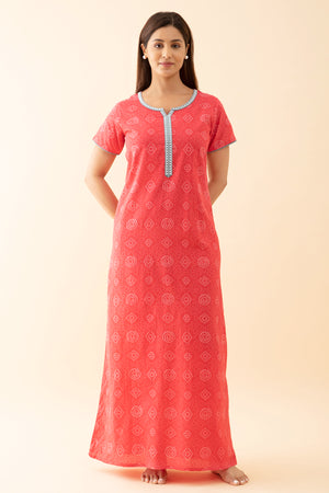 Bandhani Printed Nighty with Contrast Embroidered Yoke Pink
