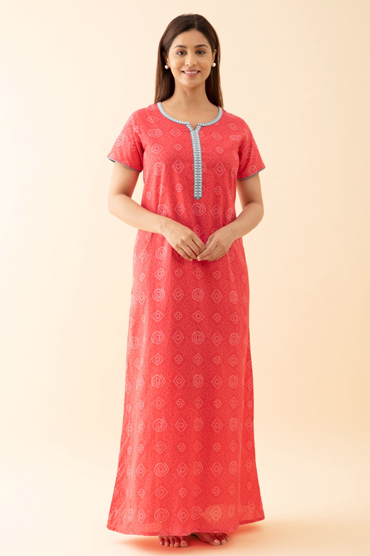 Bandhani Printed Nighty with Contrast Embroidered Yoke Pink