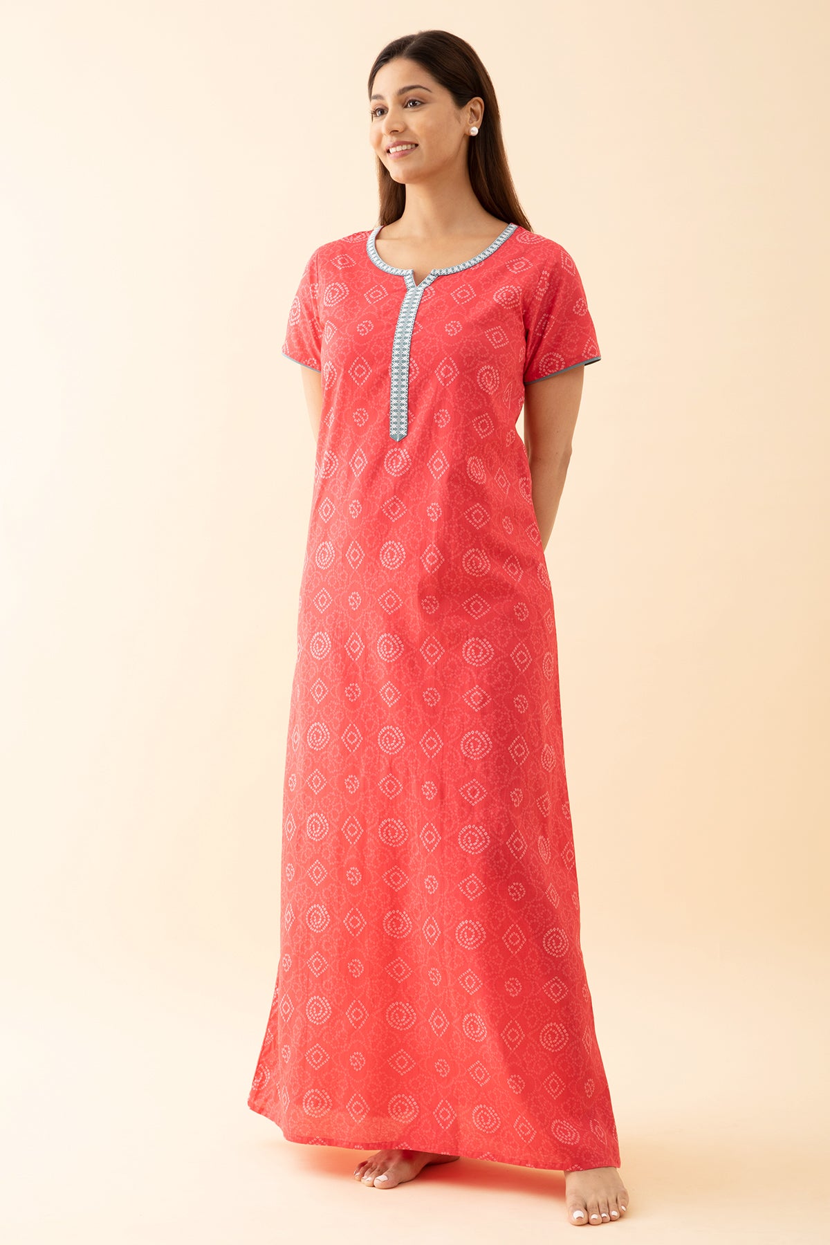 Bandhani Printed Nighty with Contrast Embroidered Yoke Pink