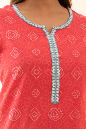 Bandhani Printed Nighty with Contrast Embroidered Yoke Pink