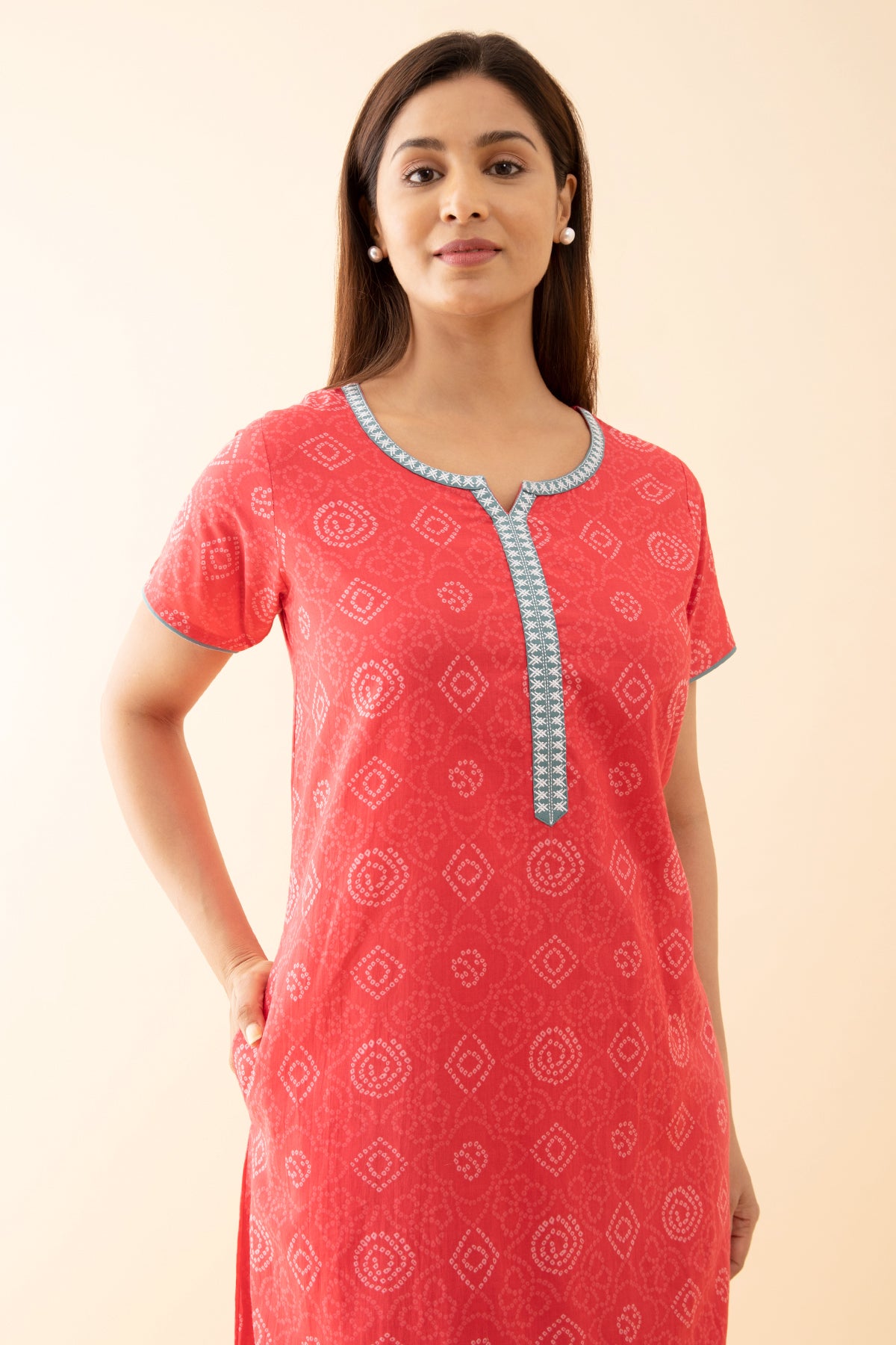 Bandhani Printed Nighty with Contrast Embroidered Yoke Pink