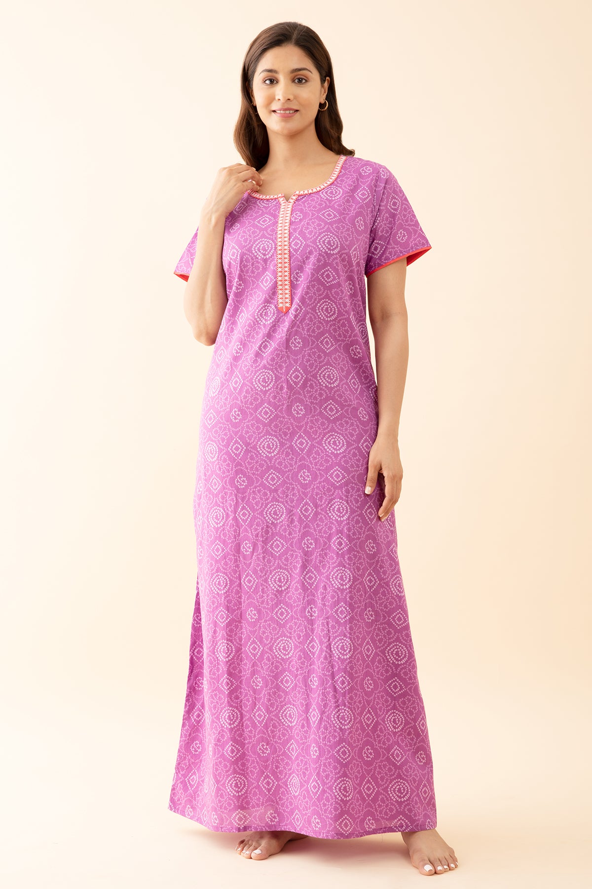 Bandhani Printed Nighty with Contrast Embroidered Yoke Purple
