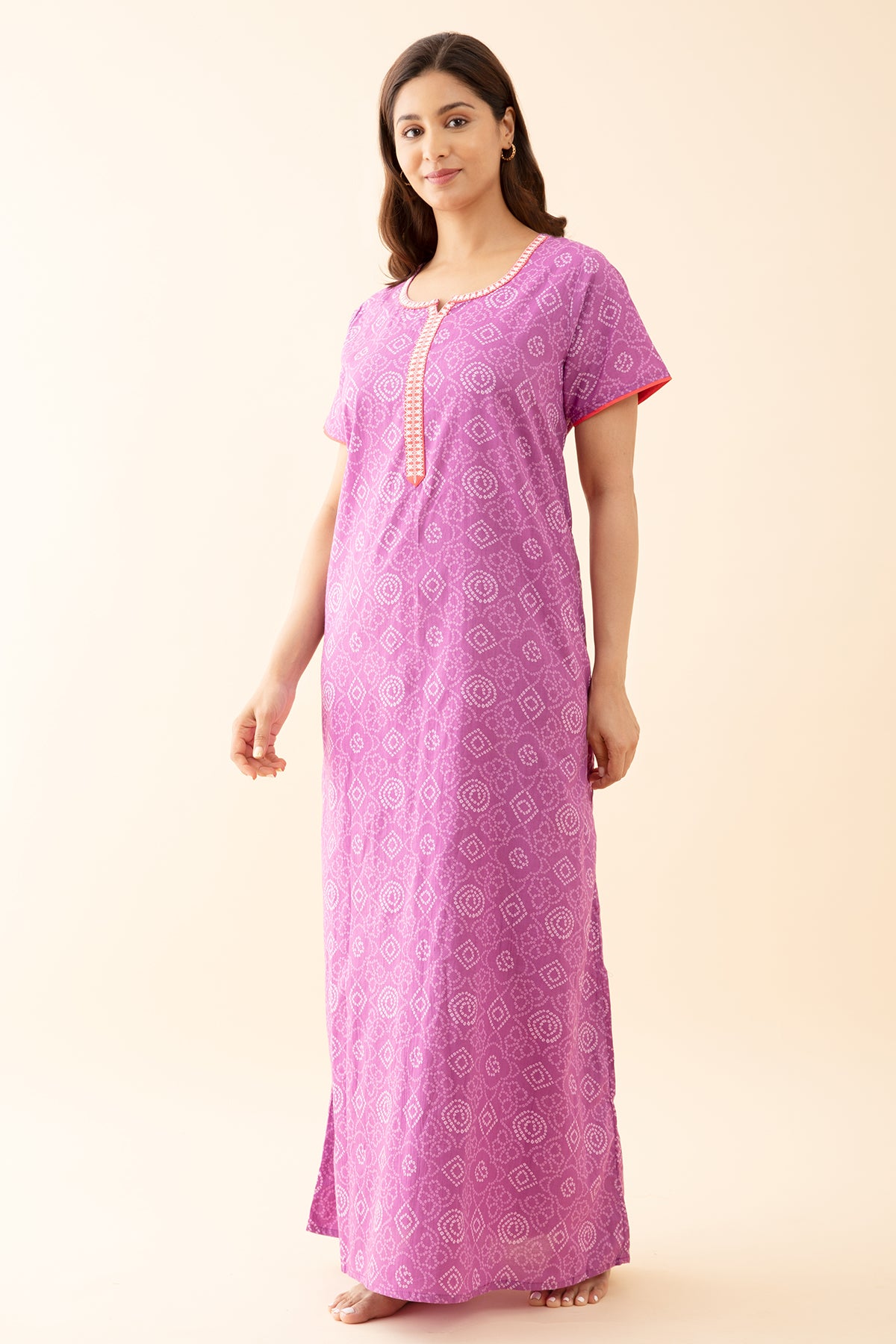 Bandhani Printed Nighty with Contrast Embroidered Yoke - Purple
