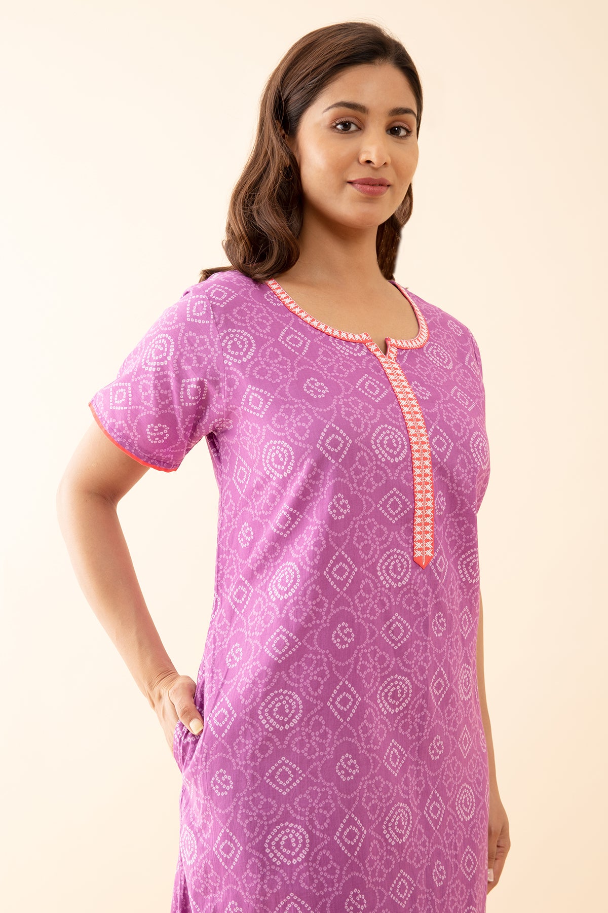 Bandhani Printed Nighty with Contrast Embroidered Yoke Purple
