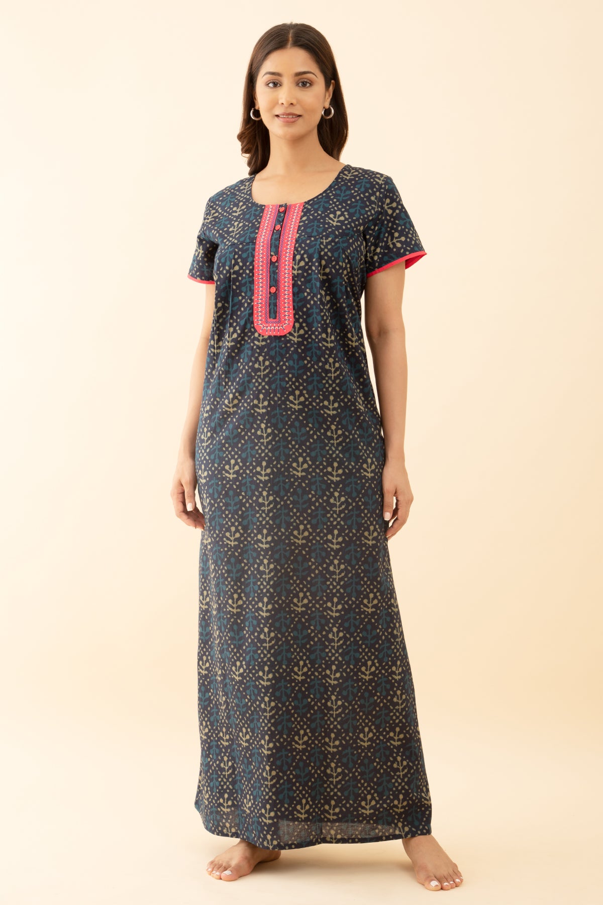 Floral Printed Blue Color Embroidered Nighty