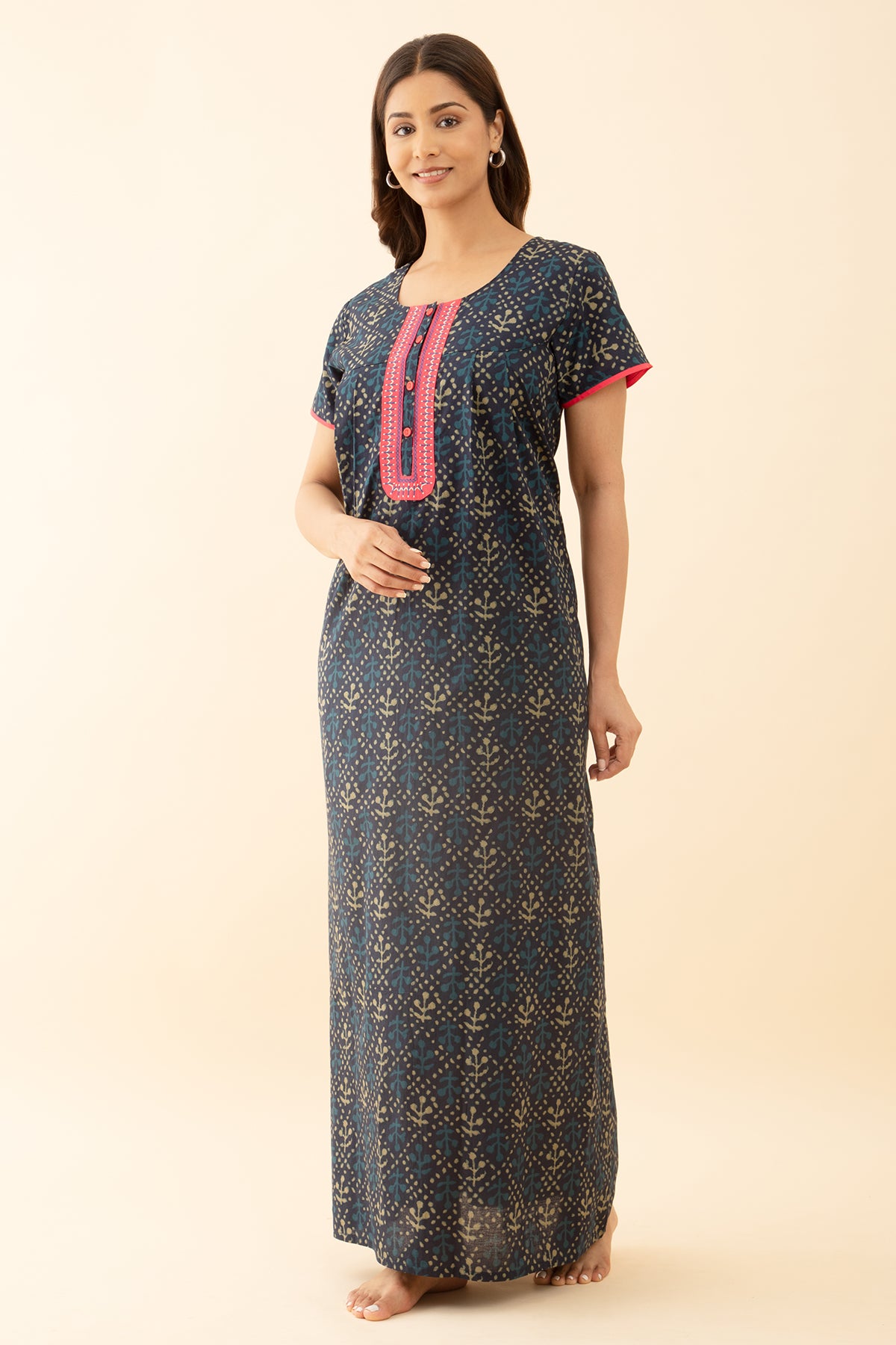 Floral Printed Blue Color Embroidered Nighty