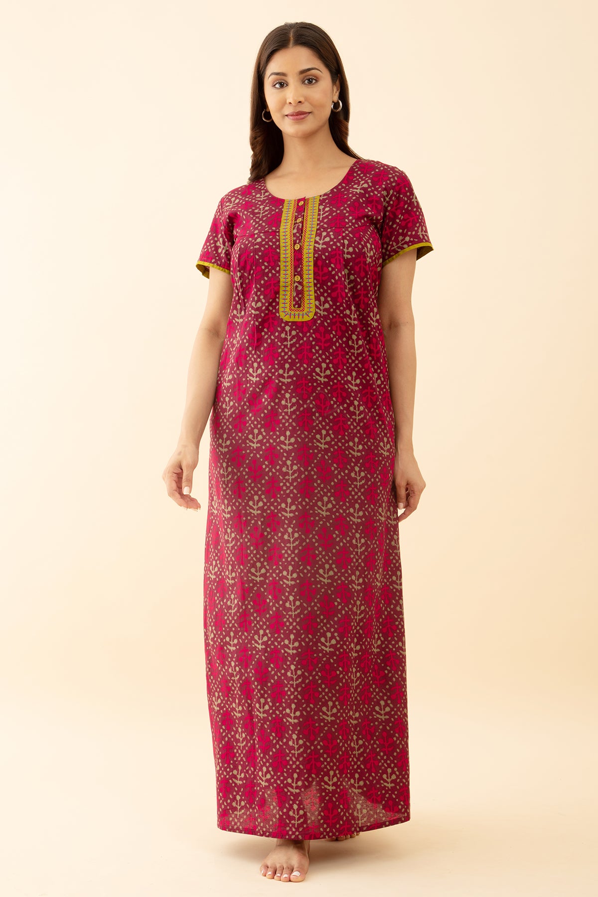 Stylish Maroon Cotton Nighty Embroidered Floral Printed