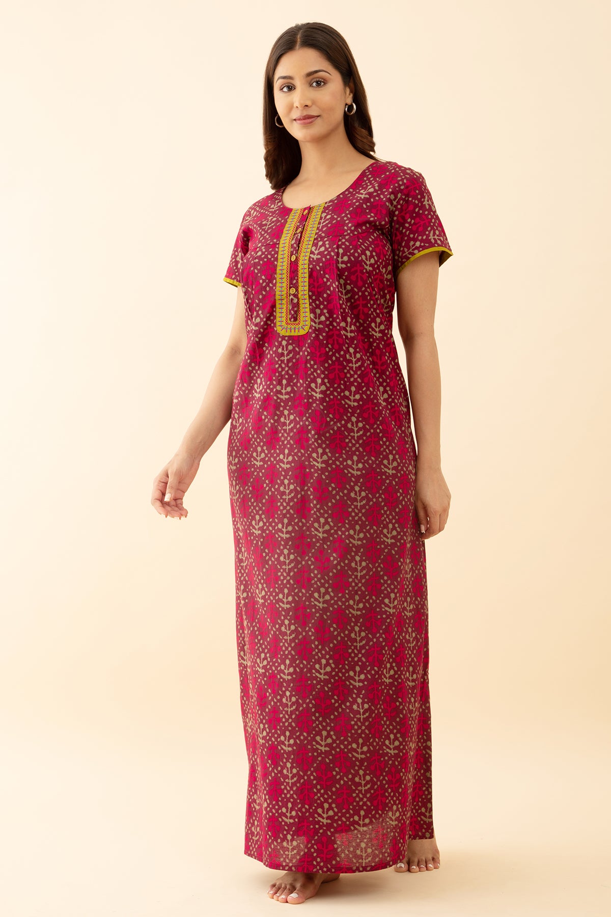 Stylish Maroon Cotton Nighty Embroidered Floral Printed