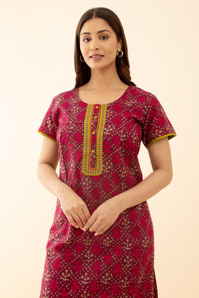 Stylish Maroon Cotton Nighty Embroidered Floral Printed